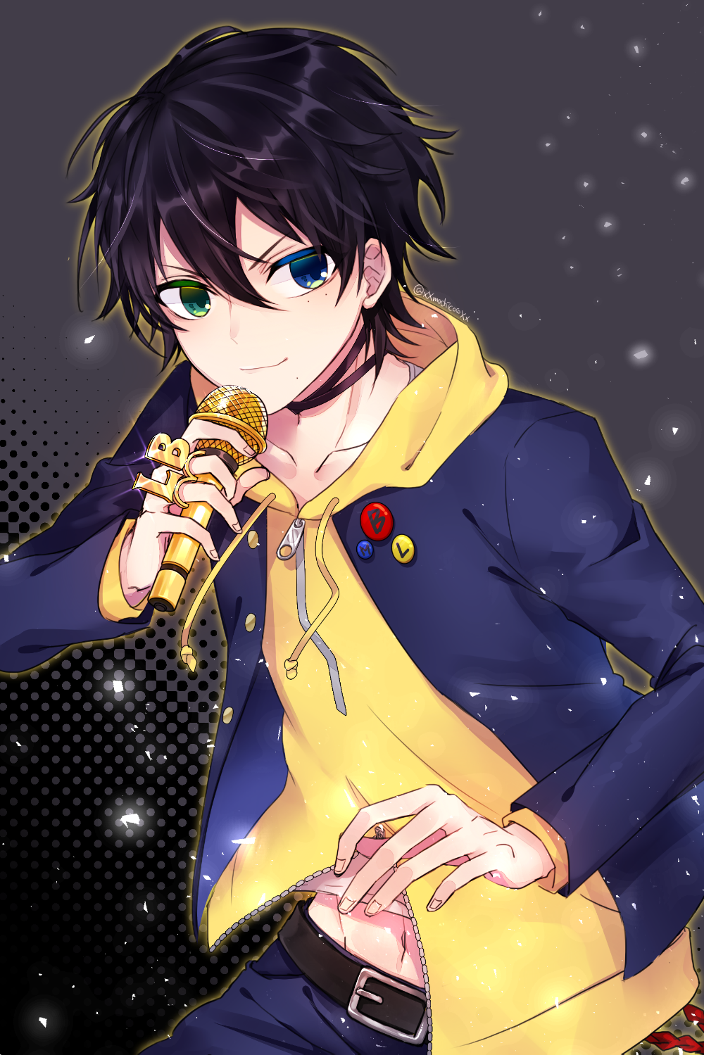 1boy, badge, belt, belt_buckle, black_belt, black_choker, black_hair, blue_eyes
