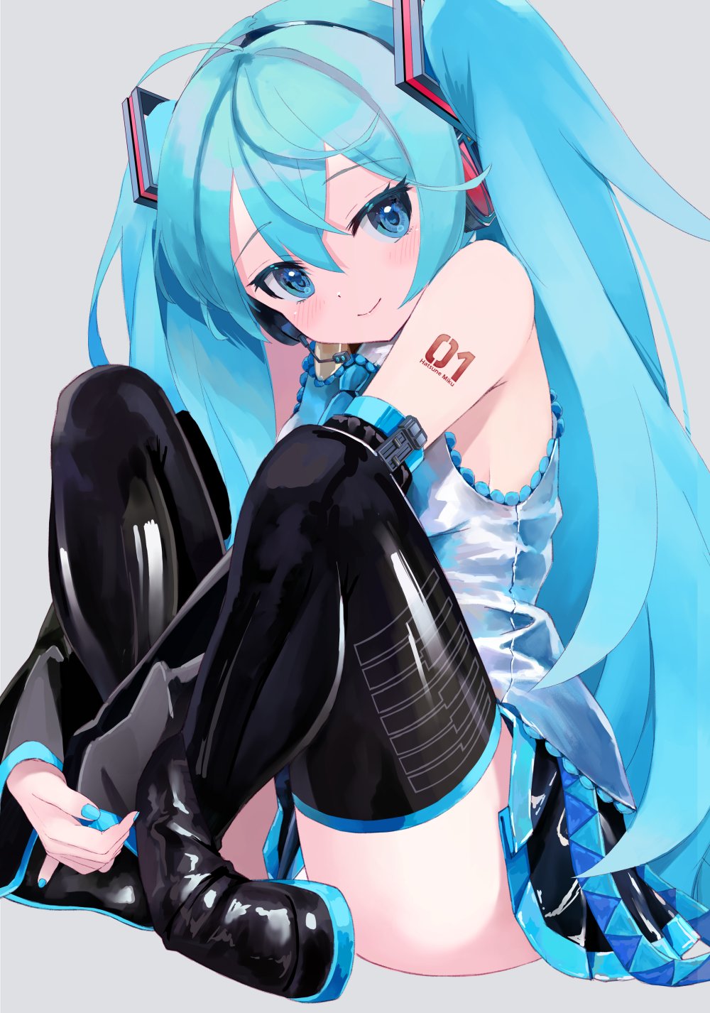 1girl, aqua_eyes, aqua_hair, aqua_nails, aqua_necktie, aqua_trim, arm_between_legs, arm_tattoo