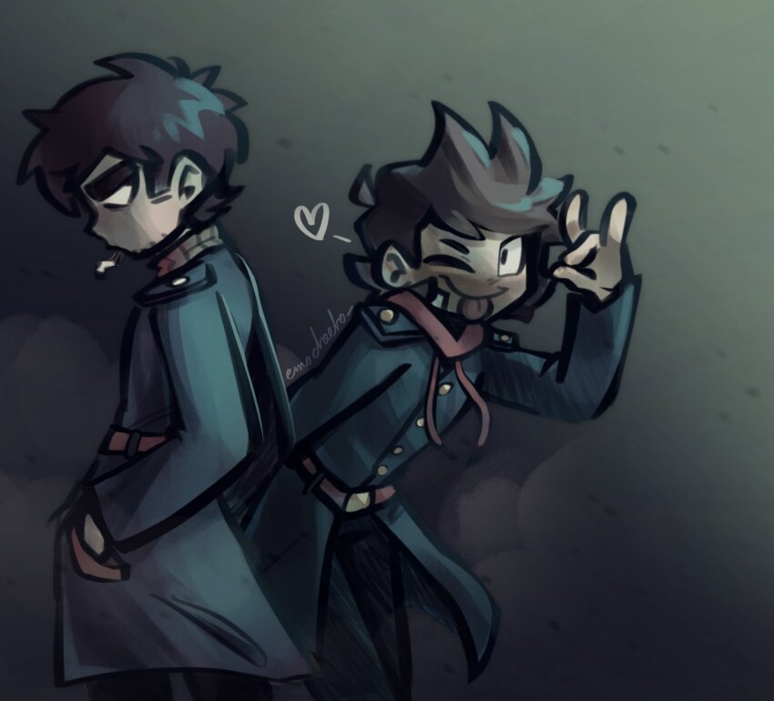 2boys, ahoge, black_eyes, black_pants, blue_coat, brown_hair, cigarette, coat