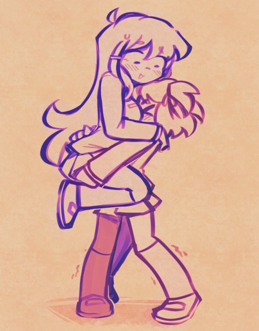 >_<, 2girls, ahoge, between_breasts, blush, breasts, carrying, carrying_person, commentary, couple, doki_doki_literature_club, doki_doki_literature_club_school_uniform, emocheeto, english_commentary, had_a_dream_everyone_was_drawing_lesbian_ships_like_this_(meme), head_between_breasts, highres, large_breasts, long_hair, looking_at_another, looking_down, meme, multiple_girls, natsuki_(doki_doki_literature_club), school_uniform, shoes, short_hair, short_twintails, simple_background, skirt, socks, standing, trembling, twintails, very_long_hair, yuri, yuri_(doki_doki_literature_club)