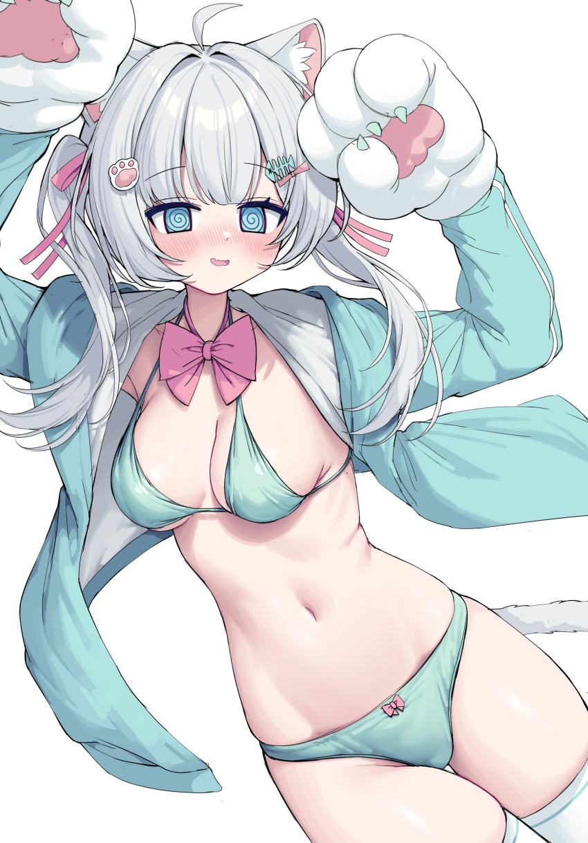 1girl, @_@, absurdres, ahoge, animal_ears, animal_hands, blue_eyes, blush