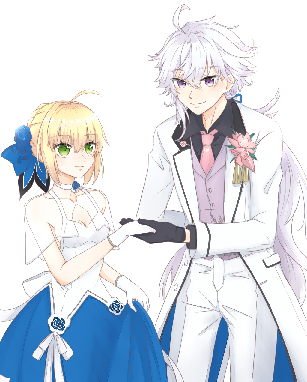 1boy, 1girl, ahoge, arm_behind_back, artoria_pendragon_(fate), black_gloves, black_shirt, blaulilie110