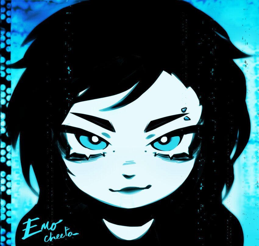 1girl, album_cover_redraw, amy_lee_(evanescence), animification, artist_name, black_hair, blue_background, blue_eyes