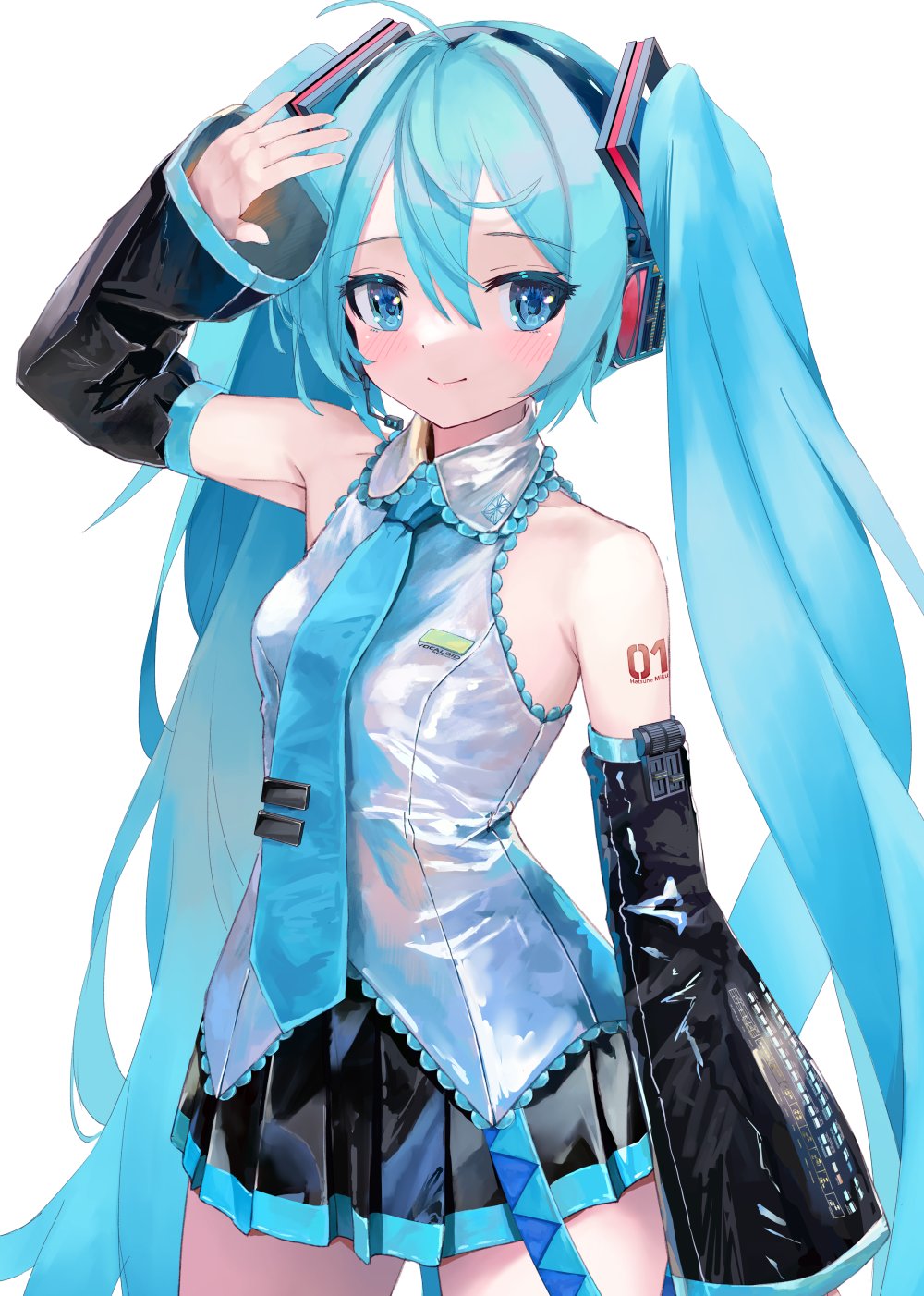 1girl, aqua_eyes, aqua_hair, aqua_nails, aqua_necktie, aqua_trim, arm_tattoo, arm_up