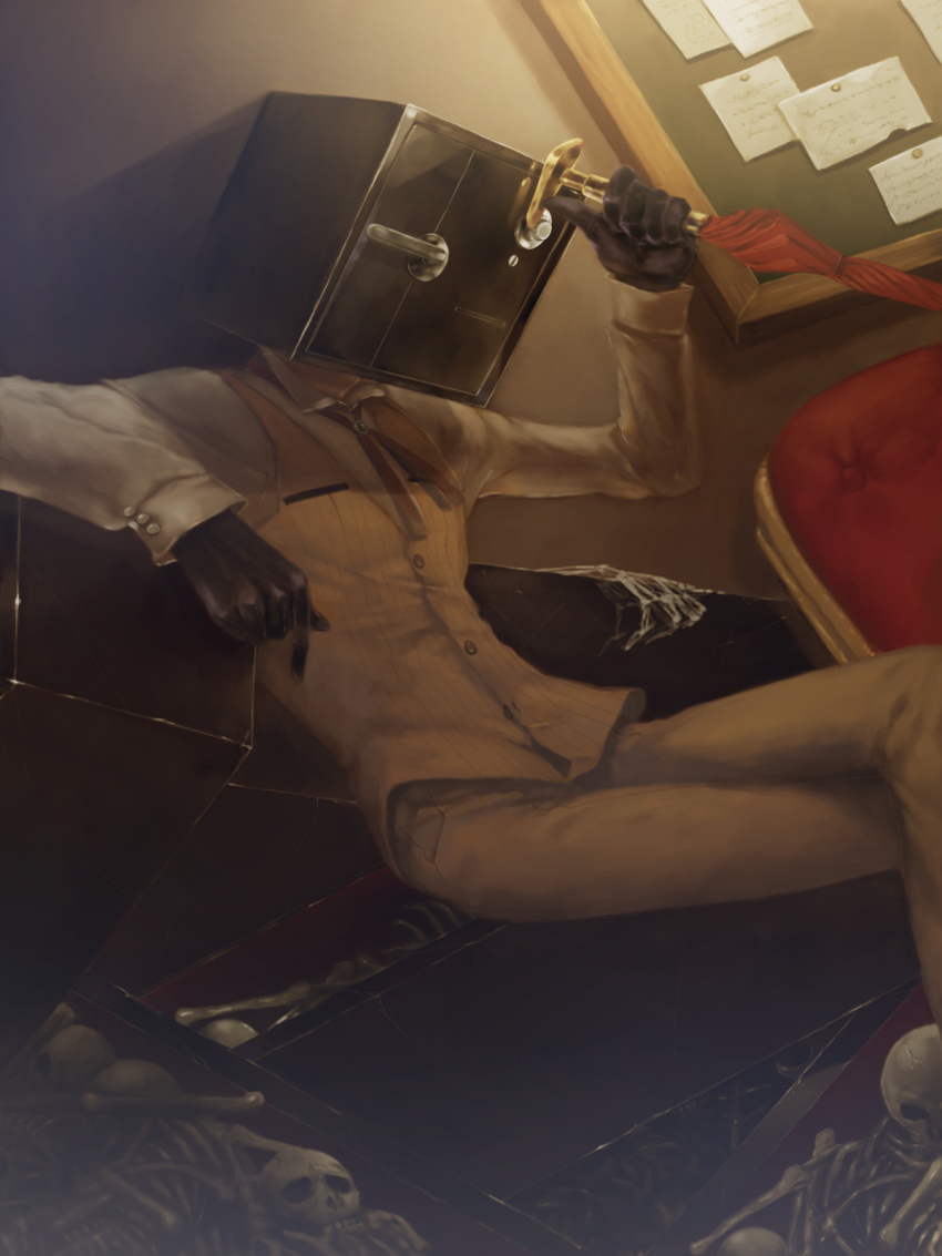 1boy, bad_id, bad_pixiv_id, coffin, crossed_legs, enigma_(manga), gloves, highres