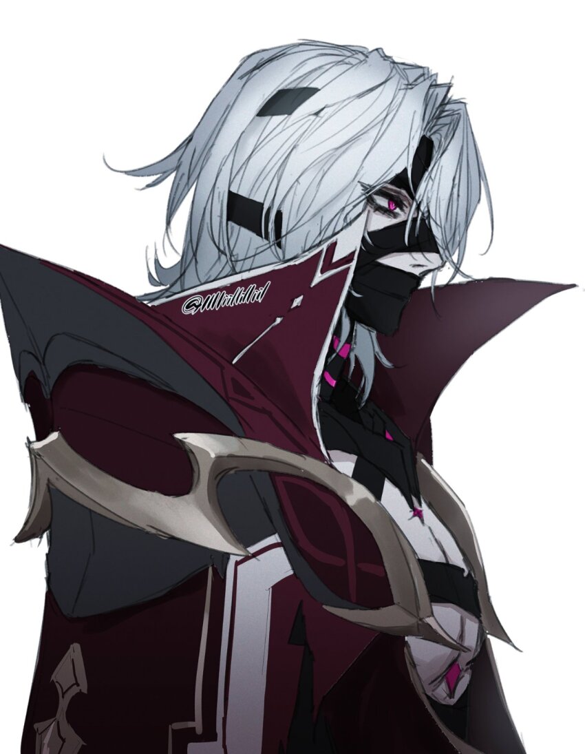 1boy, armor, bandaged_chest, bandaged_head, bandages, coat, covered_mouth, gem