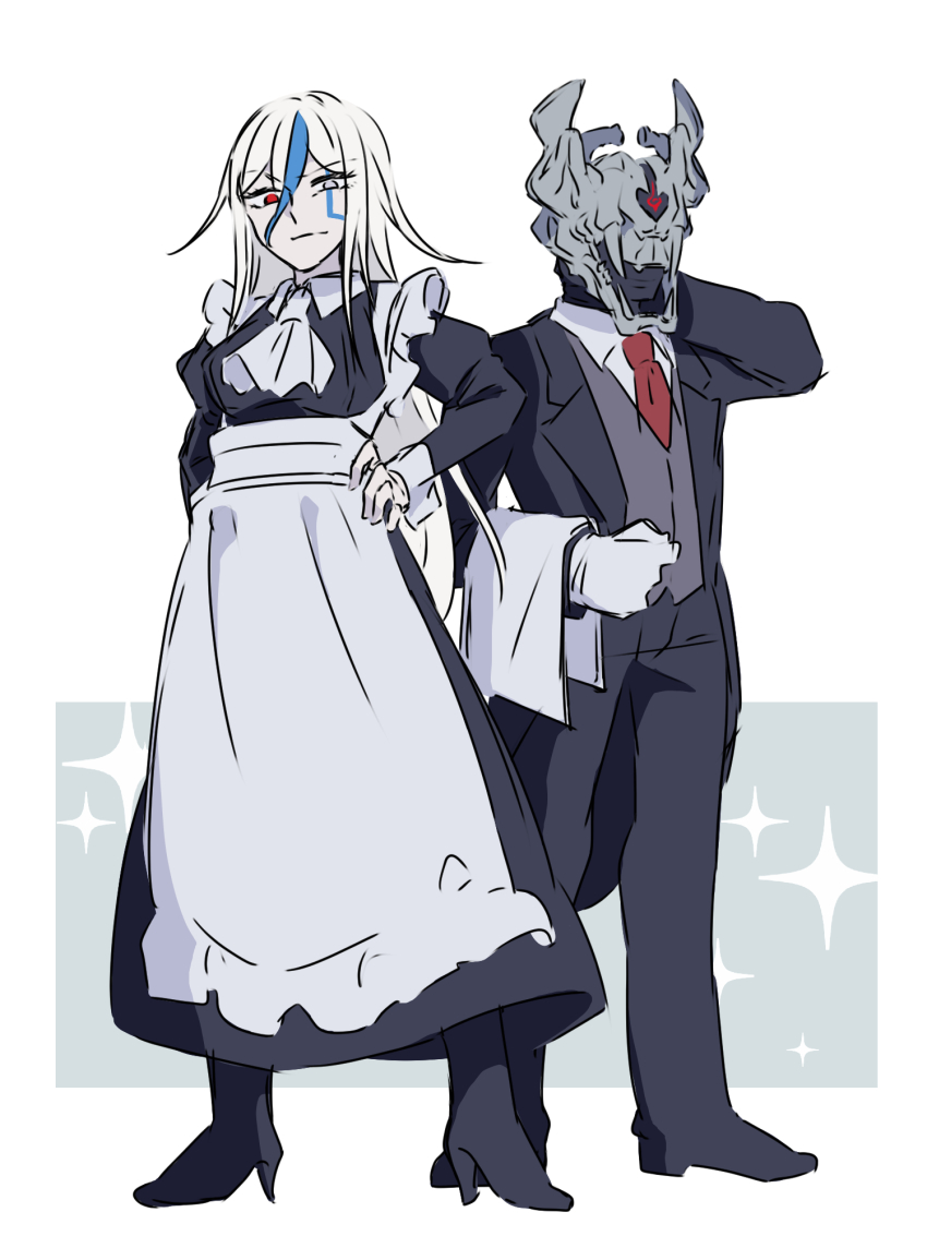 1boy, 1girl, 201_(yield), addamaque, apron, black_boots, black_dress, black_pants