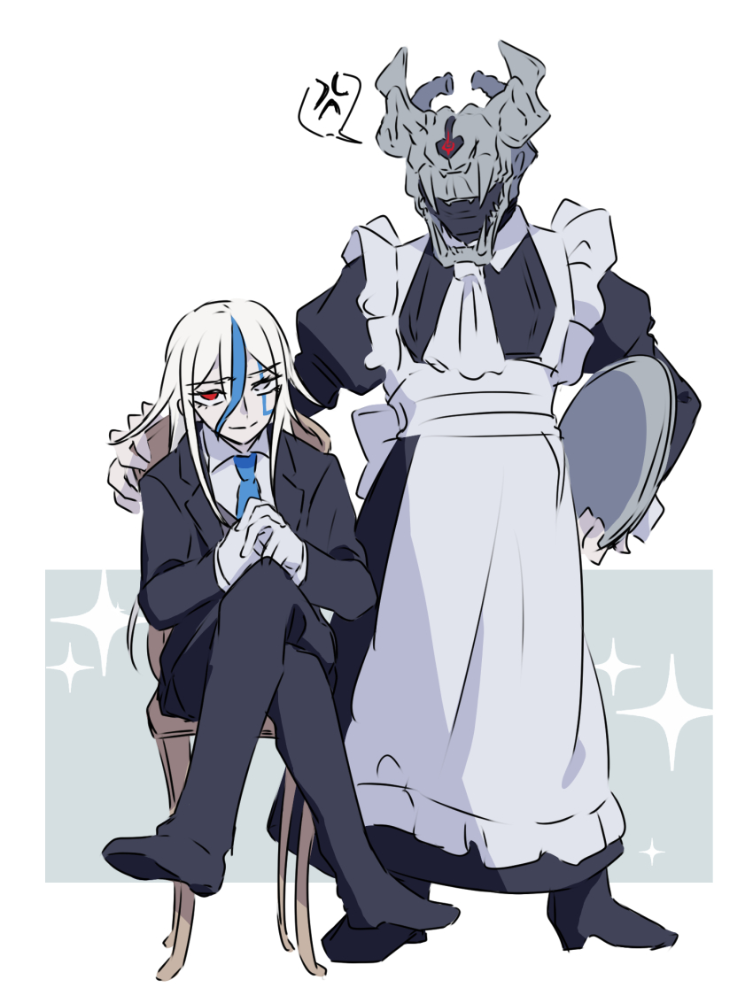 1boy, 1girl, 201_(yield), addamaque, apron, black_boots, black_dress, black_pants