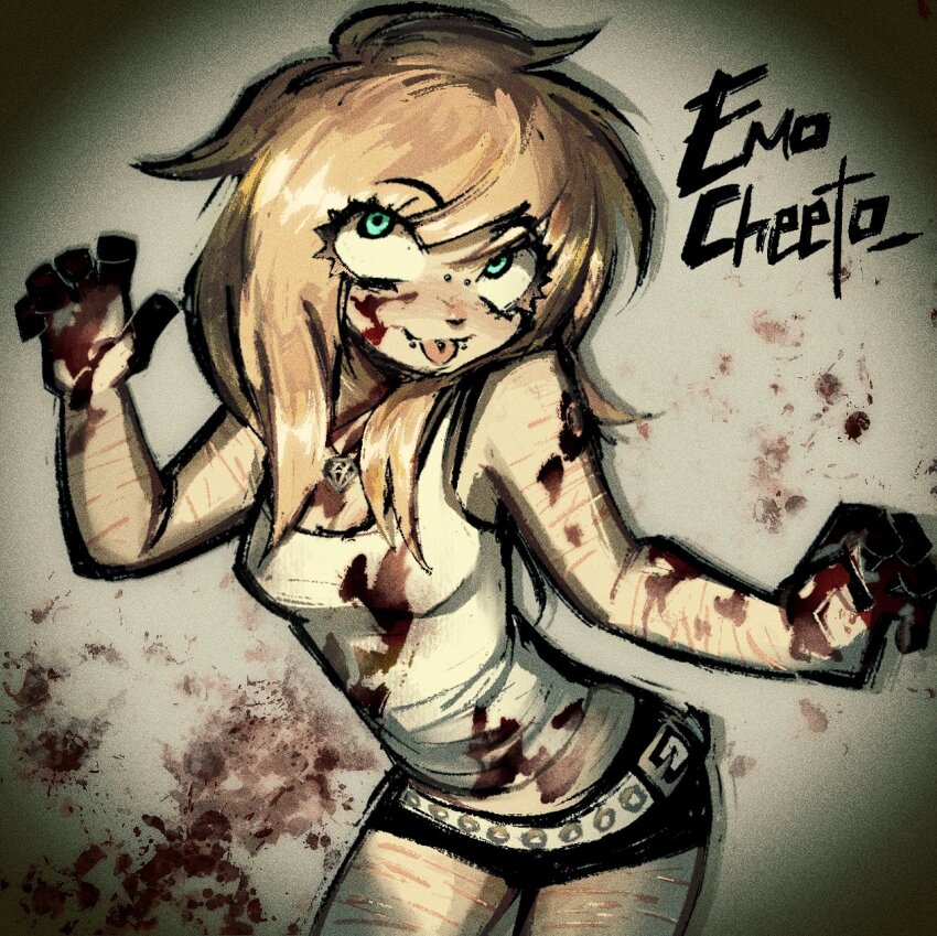 1girl, artist_name, belt, big_hair, black_shorts, blonde_hair, blood, blood_on_clothes