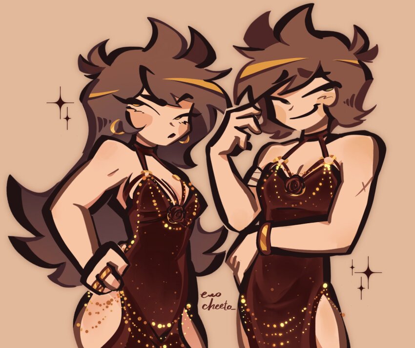 1boy, 1girl, alternate_costume, antenna_hair, bandaged_arm, bandages, blush_stickers, body_chain