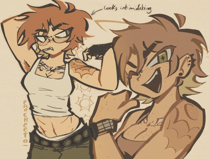 1girl, ahoge, armpit_hair, armpits, artist_name, belt, black_belt, breasts, brown_hair, cigarette, commentary, cowboy_shot, detached_ahoge, emocheeto, english_commentary, english_text, eyebrow_cut, freckles, glasses, green_eyes, green_pants, highres, medium_breasts, midriff, multiple_views, navel, one_eye_closed, open_mouth, original, pants, round_eyewear, scar, short_hair, simple_background, smile, standing, star-shaped_pupils, star_(symbol), symbol-shaped_pupils, tank_top, tattoo, thick_lineart, tomboy, toned, toned_female, upper_body, we_can_do_it!, white_tank_top, wolf_cut, wristband