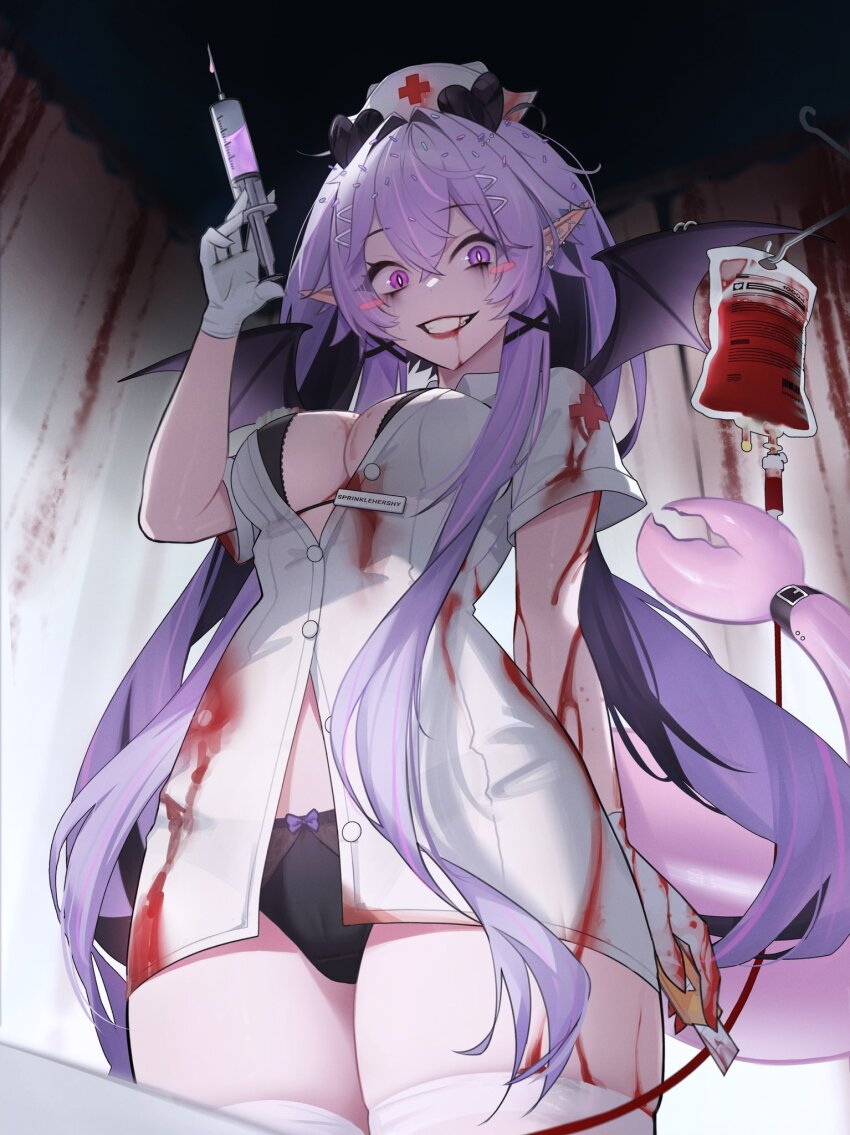 1girl, bat_wings, black_bra, black_panties, black_streaks, blood, blood_from_mouth, blood_on_arm