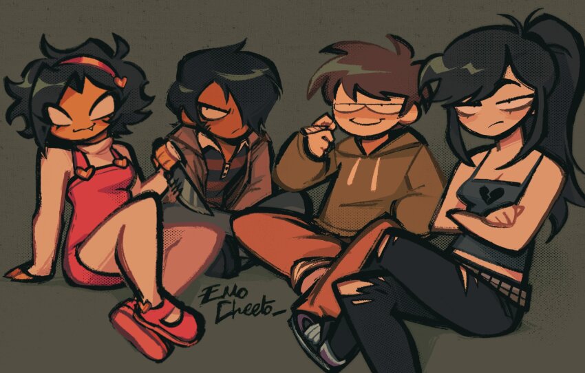 2boys, 2girls, :3, ahoge, angry, artist_name, black_eyes, black_hair