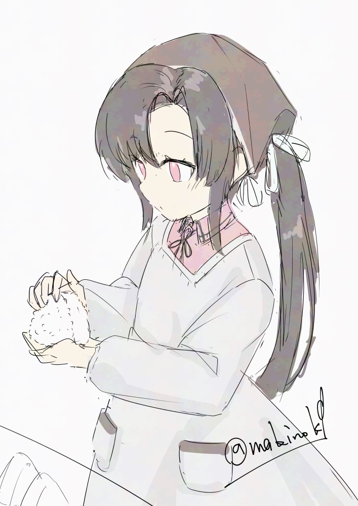 1girl, apron, bandana, black_hair, brown_bandana, collared_shirt, commentary_request, dress_shirt