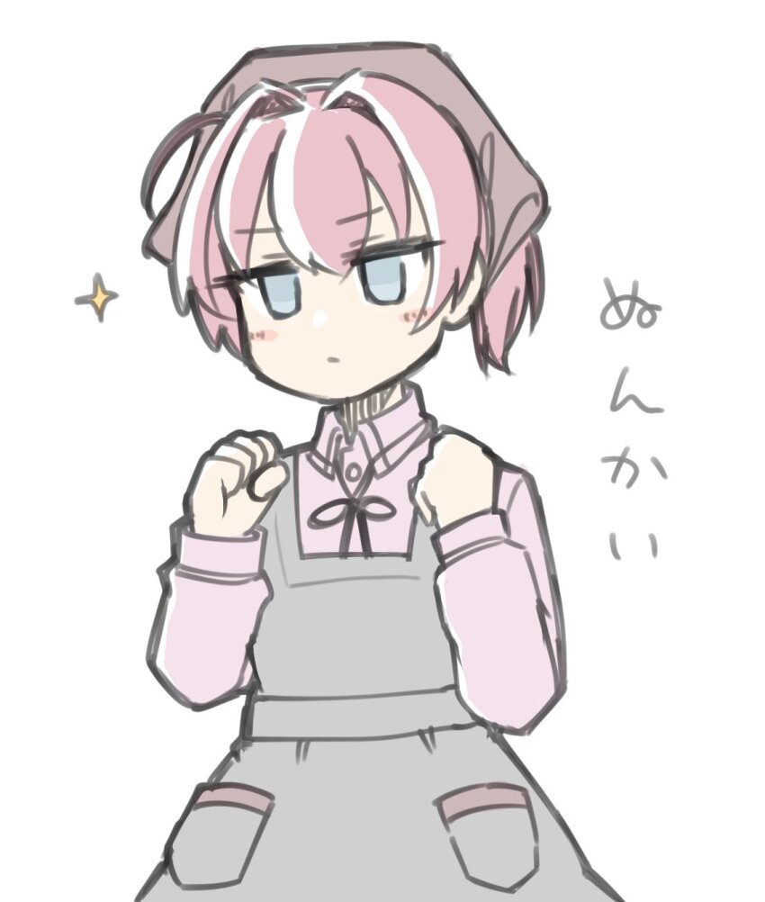 1girl, apron, bandana, blue_eyes, brown_bandana, clenched_hands, collared_shirt, commentary, cosplay, dress_shirt, grey_apron, highres, kantai_collection, nankai_(kancolle), nankai_(kancolle)_(cosplay), pink_hair, pink_shirt, ponytail, shiranui_(kancolle), shirt, short_hair, simple_background, solo, sparkle, tatahai, white_background