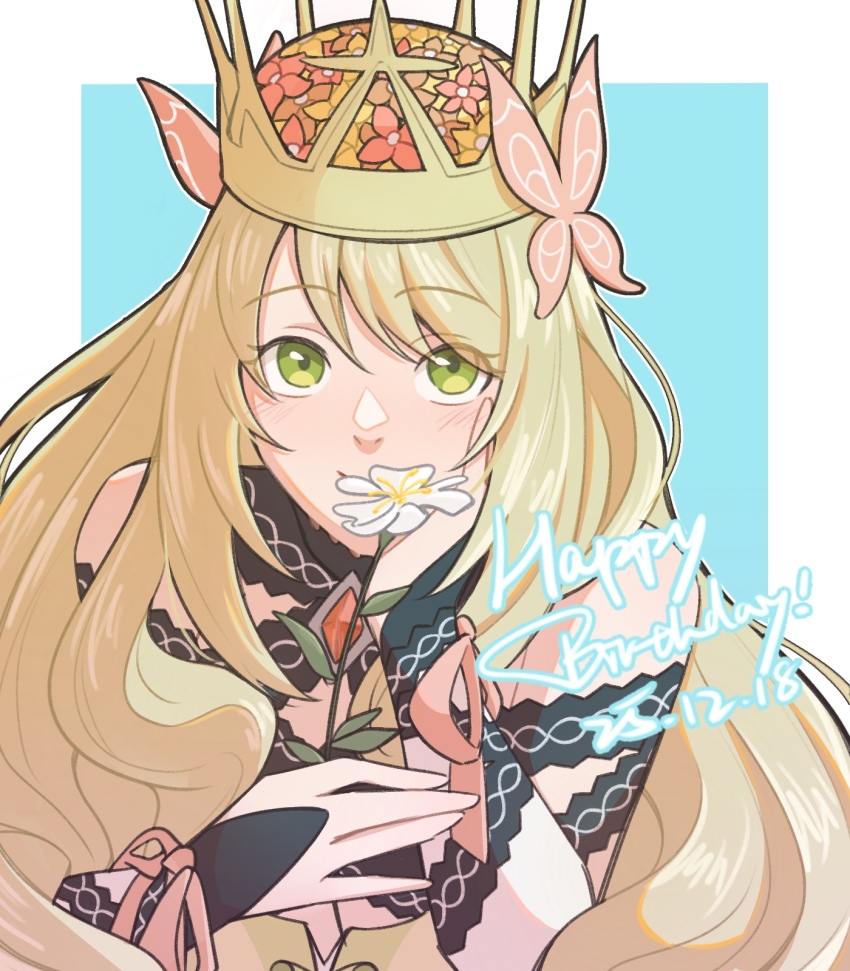 1girl, blonde_hair, butterfly_hair_ornament, celine_(fire_emblem), commentary_request, crown, dated, detached_sleeves