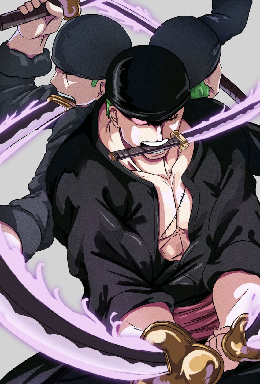 1boy, ashura_(one_piece), aura, bandana, black_bandana, black_kimono, commentary, green_hair