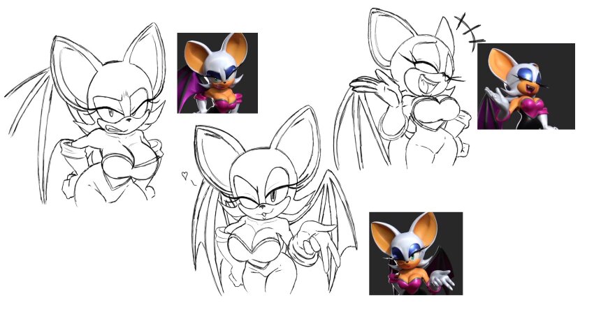 1girl, 2025, angry, bat_girl, bat_wings, black_bodysuit, blackchaos64, blowing_kiss, blue_eyeshadow, bodysuit, boots, bouncing_breasts, breasts, cleavage, closed_eyes, commentary, cowboy_shot, curvy, elbow_gloves, english_commentary, eyeshadow, female_focus, furry, furry_female, gloves, green_eyes, grey_background, happy, highres, jiggle, large_breasts, looking_at_viewer, makeup, mashkiel, monochrome, multiple_expressions, pink_lips, reference_work, rouge_the_bat, sega, simple_background, sonic_(series), sonic_adventure_2, standing, white_boots, white_fur, white_gloves, wings