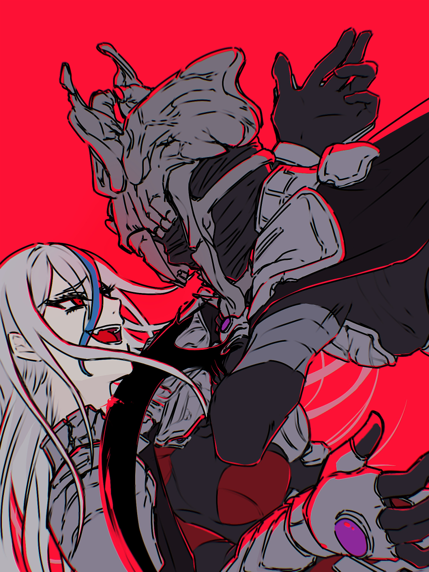 1boy, 1girl, 201_(yield), addamaque, armor, black_bodysuit, blood, blood_on_neck