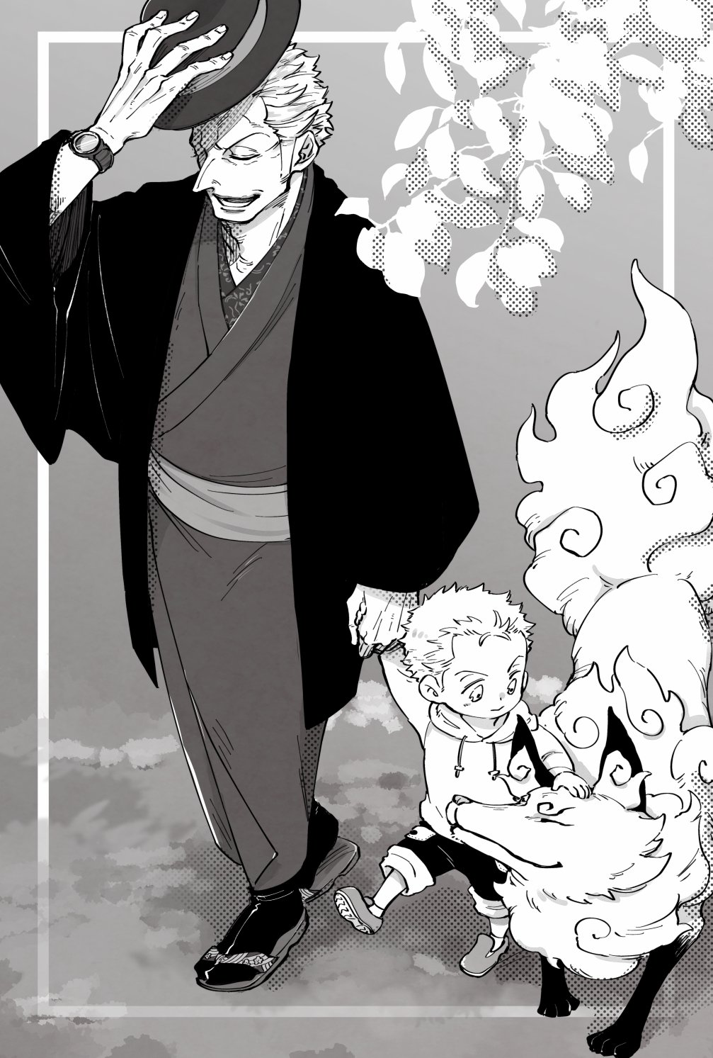 2boys, animal, chabo_(niwatori_bosori), closed_eyes, commentary, family, full_body, greyscale, haori, hat, highres, holding, holding_hands, holding_unworn_clothes, holding_unworn_hat, hood, hoodie, japanese_clothes, kimono, monochrome, multiple_boys, one_piece, onimaru_(one_piece), roronoa_zoro, sash, shimotsuki_ushimaru, sideburns, socks, unworn_hat, unworn_headwear, walking, watch, wristwatch