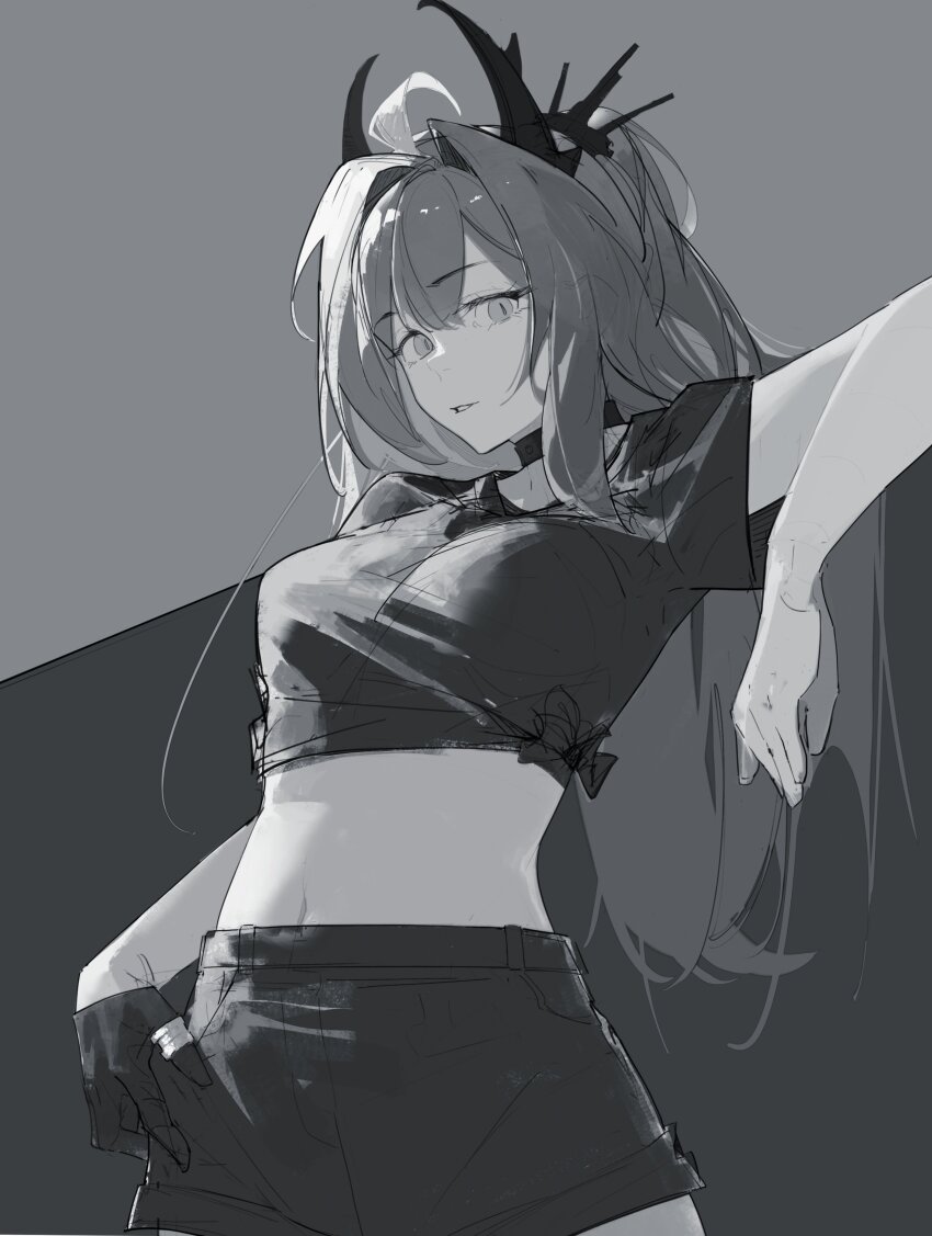 absurdres, arknights, choker, commentary, cowboy_shot, demon_horns, emu2046, english_commentary, gloves, greyscale, highres, horns, long_hair, looking_at_viewer, midriff, miniskirt, monochrome, navel, official_alternate_costume, shirt, short_sleeves, single_glove, sketch, skirt, solo, standing, surtr_(arknights), surtr_(liberte_echec)_(arknights)