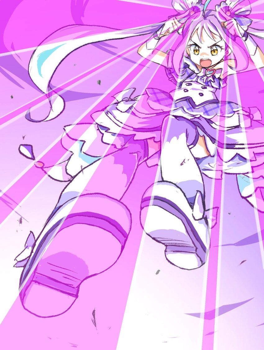 1girl, ahoge, boots, bow, brooch, commentary, cure_kyunkyun, dress, dress_bow, footwear_bow, from_below, full_body, hands_up, heart, heart_brooch, highres, idol_heart_brooch_(precure), jewelry, kimi_to_idol_precure, kyunkyun_laser, laser, long_hair, looking_down, magical_girl, midair, open_mouth, precure, purple_hair, shigure_kokoro, solo, teeth, thigh_boots, twintails, upper_teeth_only, uraki, v-shaped_eyebrows, white_boots, white_bow, white_dress, wristband, yellow_eyes