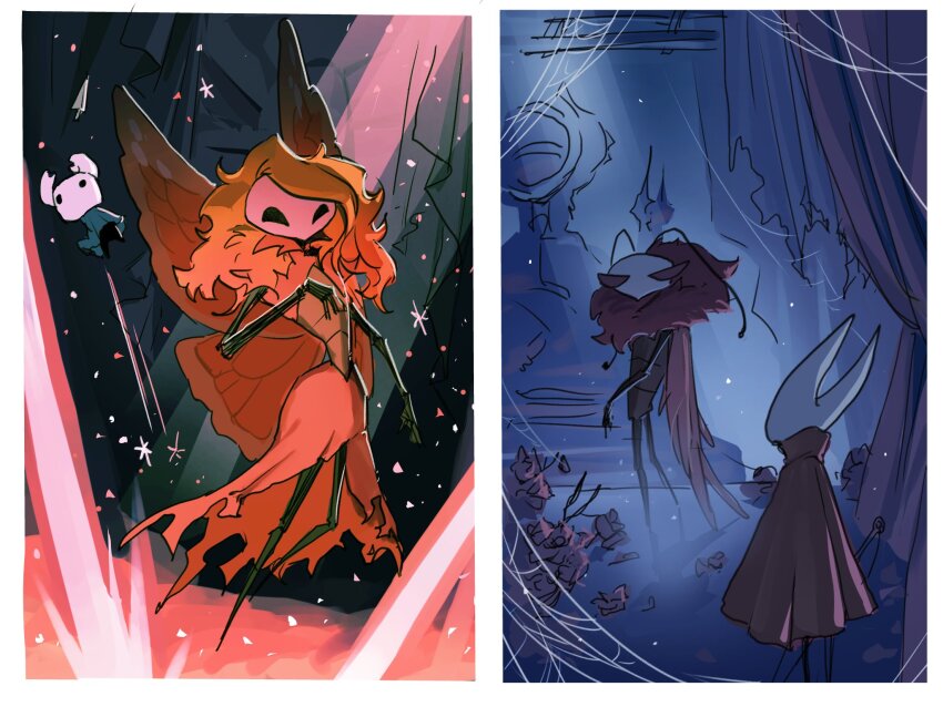 032_0032, 1boy, 1other, 2girls, abstract_background, antennae, arthropod_boy, arthropod_girl, arthropod_limbs, asymmetrical_hair, black_background, black_skin, blonde_hair, blue_background, blue_cloak, border, bug, butterfly, butterfly_wings, cape, cloak, collared_dress, colored_skin, commentary, confetti, curtains, dress, dried_flower, facing_away, falling_star, floating, floating_object, floating_weapon, flower, frown, hair_over_shoulder, highres, holding, holding_weapon, hollow_eyes, hollow_knight, hollow_knight:_silksong, horned_mask, hornet_(hollow_knight), insect, insect_wings, jumping, knight_(hollow_knight), light_rays, long_hair, looking_at_another, looking_to_the_side, marissa_(hollow_knight), mask, mini_person, multiple_girls, nail_(hollow_knight), orange_wings, pin_(hollow_knight), pink_flower, red_cape, red_cloak, red_dress, red_eyes, red_fur, red_light, shadow, silk, smile, sparkle, spider_web, split_screen, star_(symbol), untranslatable_commentary, trobbio_(hollow_knight), weapon, white_border, white_mask, wings