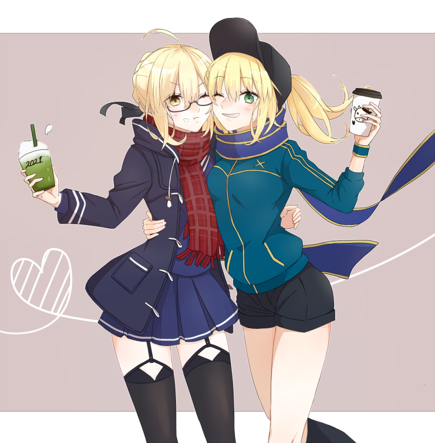 2girls, arm_around_another's_waist, artoria_pendragon_(fate), baseball_cap, black_hat, black_jacket, black_shorts, black_thighhighs