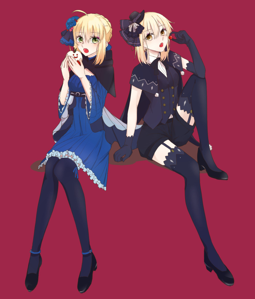 2girls, ahoge, alternate_costume, apple, artoria_pendragon_(fate), black_cape, black_capelet, black_pantyhose, black_shoes, black_thighhighs, blaulilie110, blonde_hair, blue_dress, braid, breasts, cape, capelet, cherry, commentary_request, dress, fang, fate/grand_order, fate_(series), flower, food, fruit, garter_straps, green_eyes, hair_flower, hair_ornament, hat, highres, holding, holding_food, invisible_chair, mini_hat, multiple_girls, pantyhose, red_background, saber_(fate), saber_alter, shoes, short_shorts, shorts, sitting, small_breasts, thighhighs, tilted_headwear, yellow_eyes