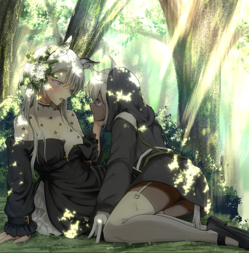 animal_ear_fluff, animal_ears, arknights, black_dress, blush, camel_ears, camel_girl, camel_tail