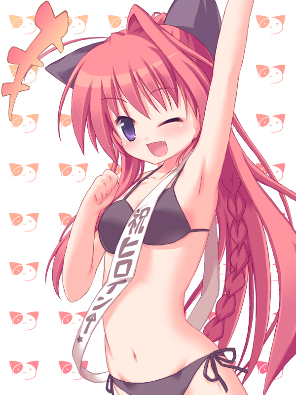 1girl, arm_up, armpits, bikini, bow, braid, breasts, cat