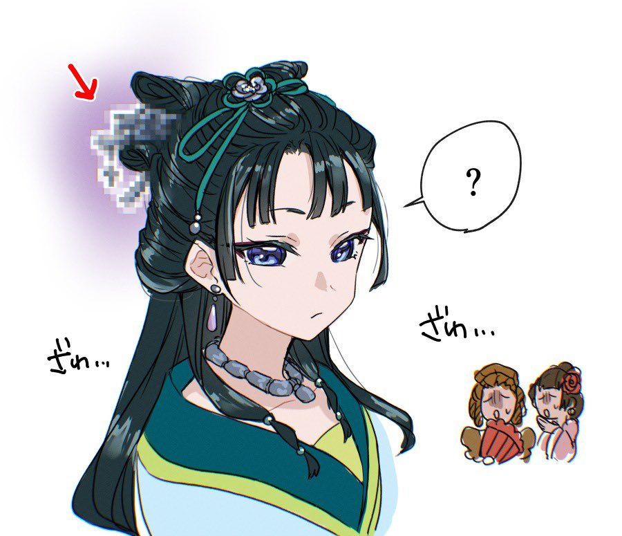 3girls, ?, arrow_(symbol), black_hair, blue_eyes, brown_hair, censored, chibi