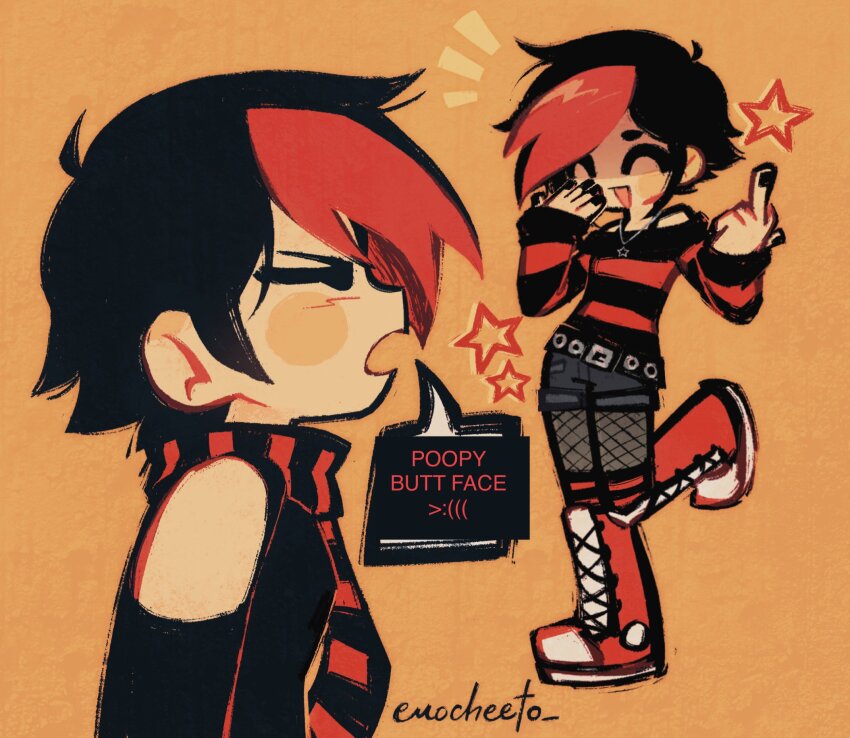 1girl, ^_^, ahoge, belt, black_belt, black_hair, black_nails, black_shorts, blush_stickers, closed_eyes, commentary, emo_fashion, emocheeto, english_commentary, english_text, fishnet_pantyhose, fishnets, from_side, full_body, highres, jewelry, knives_chau, long_sleeves, middle_finger, multiple_views, necklace, notice_lines, off-shoulder_shirt, off_shoulder, open_mouth, orange_background, pantyhose, profile, red_shoes, scarf, scott_pilgrim_(series), scott_pilgrim_takes_off, shirt, shoes, shorts, simple_background, smile, sneakers, socks, speech_bubble, standing, standing_on_one_leg, star_(symbol), star_necklace, striped_clothes, striped_scarf, striped_shirt, striped_socks, thick_lineart