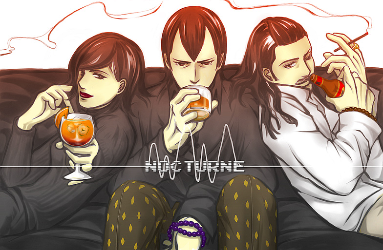 1girl, 2boys, alcohol, bead_bracelet, beads, beer_bottle, black_hair, black_shirt