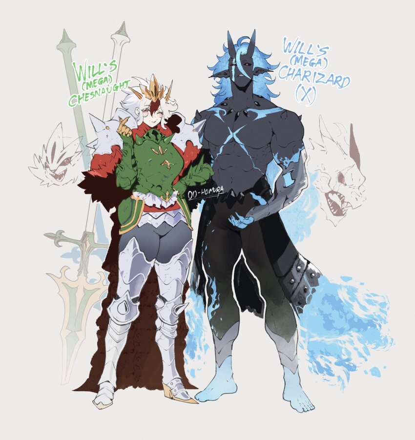 1boy, 1girl, almonde_jagger_(nyantcha), armor, black_pants, brown_hair, charizard, chesnaught, claws, colored_bangs, commentary, creature_and_personification, english_commentary, english_text, fire, gen_1_pokemon, gen_6_pokemon, highres, humanization, mega_chesnaught, multicolored_hair, nintendo, nyantcha, open_mouth, original, pants, personification, pokemon, pokemon_(creature), pokemon_legends:_z-a, project_life_(nyantcha), smile, two-tone_hair, white_hair