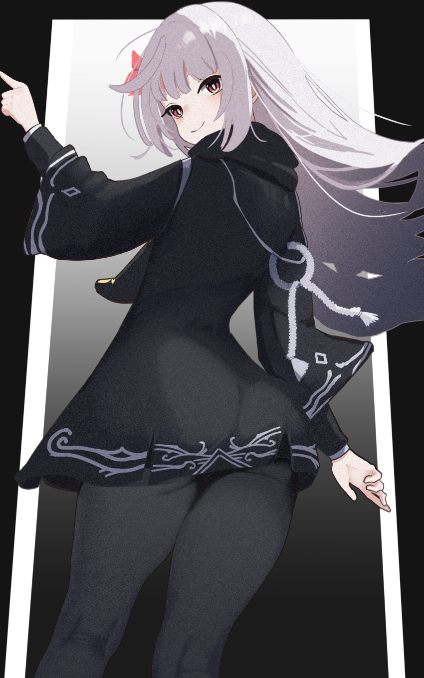 1girl, absurdres, albino_(vocaloid), ass, binware, black_dress, black_pantyhose, commentary_request