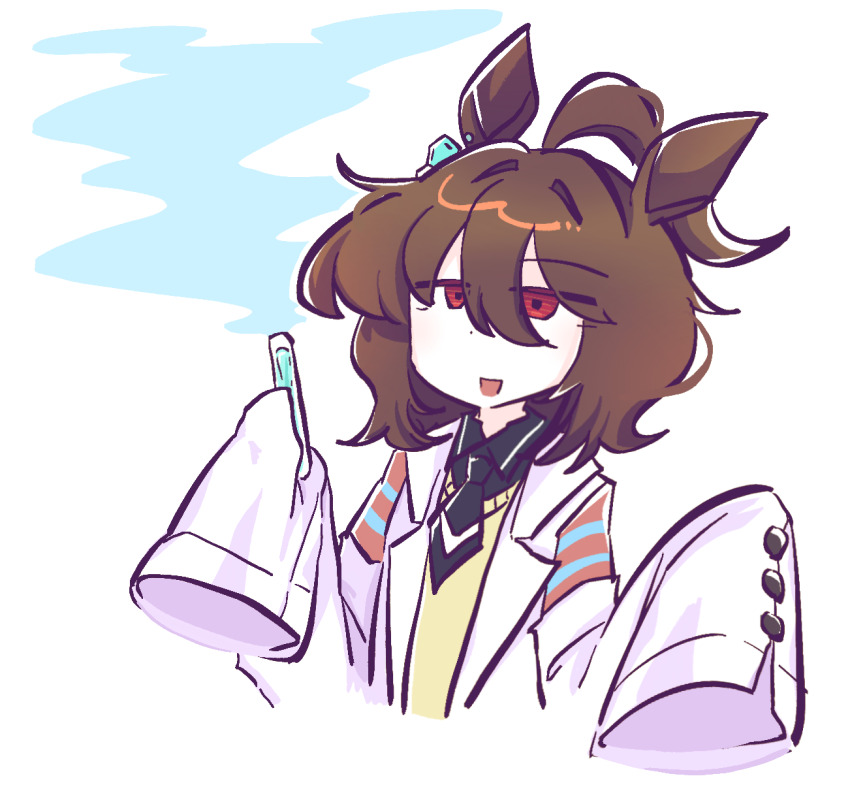 1girl, agnes_tachyon_(tach-nology)_(umamusume), agnes_tachyon_(umamusume), ahoge, black_necktie, black_shirt, brown_hair, chemical_structure, coat, collared_shirt, commentary_request, ear_ornament, earrings, hair_between_eyes, highres, holding, holding_test_tube, huge_ahoge, jewelry, long_sleeves, necktie, open_clothes, open_coat, priswocaer, red_eyes, shirt, short_hair, short_necktie, simple_background, single_earring, sleeves_past_fingers, sleeves_past_wrists, smoke, solo, sweater, test_tube, umamusume, white_background, white_coat, yellow_sweater