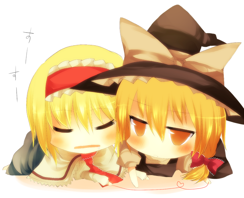 2girls, alice_margatroid, bad_id, bad_pixiv_id, blonde_hair, chibi, female_focus, hair_ribbon