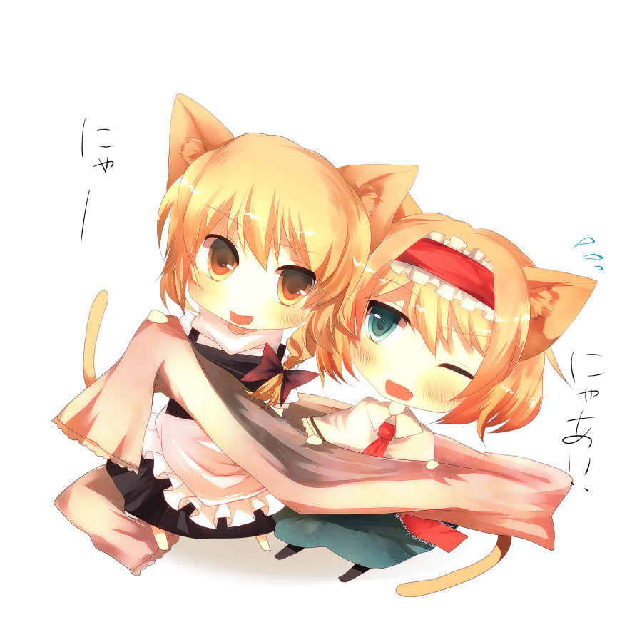 2girls, alice_margatroid, animal_ears, bad_id, bad_pixiv_id, blonde_hair, blue_eyes, blush, cat_ears, cat_girl, cat_tail, chibi, female_focus, kemonomimi_mode, kirisame_marisa, motoko_(fe25), multiple_girls, tail, touhou, yellow_eyes, yuri