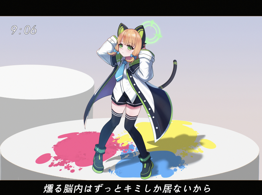 1girl, absurdres, animal_ear_headphones, animal_ears, ankle_boots, black_boots, black_jacket, black_shorts, black_tail, black_thighhighs, blonde_hair, blue_archive, blue_bow, blue_necktie, boots, bow, buttons, cat_ear_headphones, cat_ears, cat_tail, chinese_commentary, closed_mouth, collared_shirt, commentary_request, fake_animal_ears, fake_tail, full_body, green_eyes, green_halo, green_jacket, hair_bow, halo, hands_on_own_head, headphones, highres, jacket, letterboxed, long_sleeves, looking_at_viewer, low-tied_sidelocks, making-of_available, mangguoranliao, midori_(blue_archive), mixed-language_commentary, multicolored_jacket, necktie, nounai_disco_(vocaloid), open_clothes, open_jacket, paint_splatter, parted_bangs, partial_commentary, shadow, shirt, short_shorts, shorts, sidelocks, solo, standing, tail, tail_raised, thighhighs, timestamp, unbuttoned, untucked_shirt, white_jacket, white_shirt, wide_sleeves