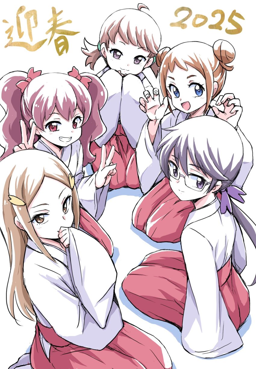 2025, 5girls, ahoge, black_eyes, black_hair, blonde_hair, blue_eyes, brown_eyes