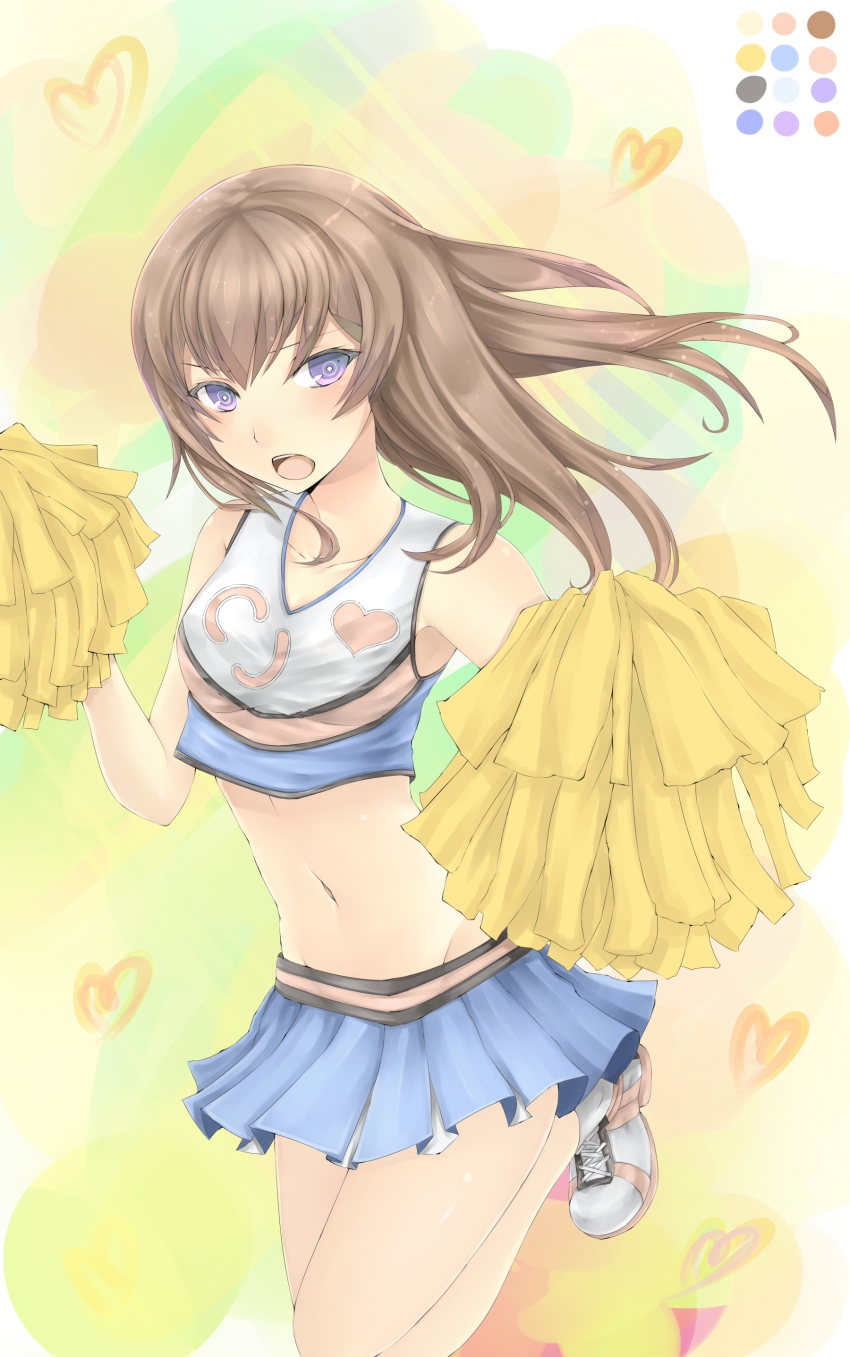 1girl, absurdres, alternate_costume, bare_legs, black_skirt, blush, brown_hair, cheerleader