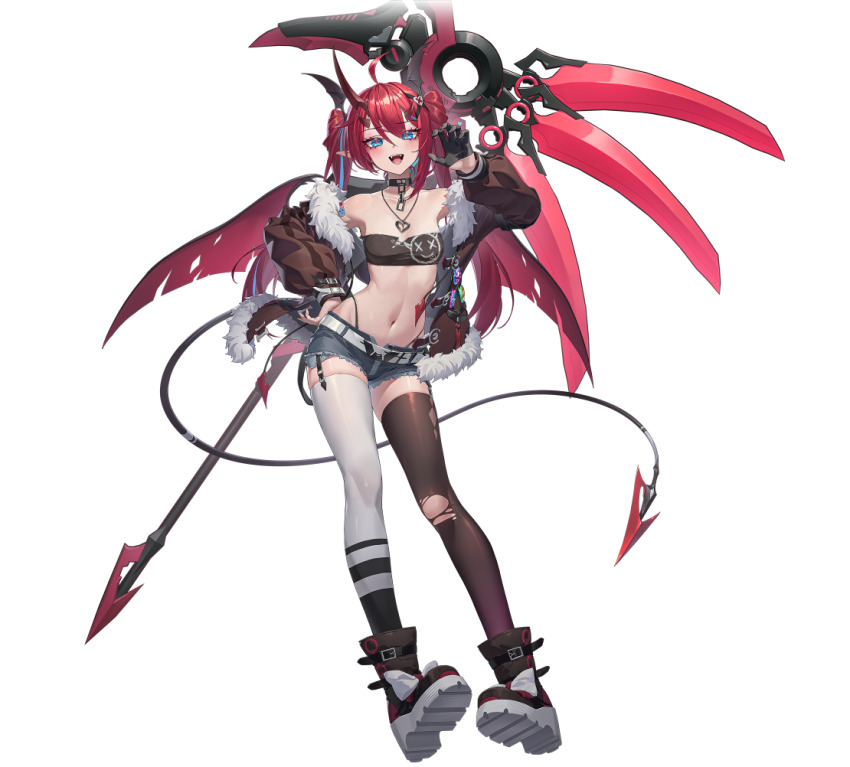 1girl, :d, ahoge, asymmetrical_gloves, asymmetrical_legwear, bandeau, bare_shoulders, belt