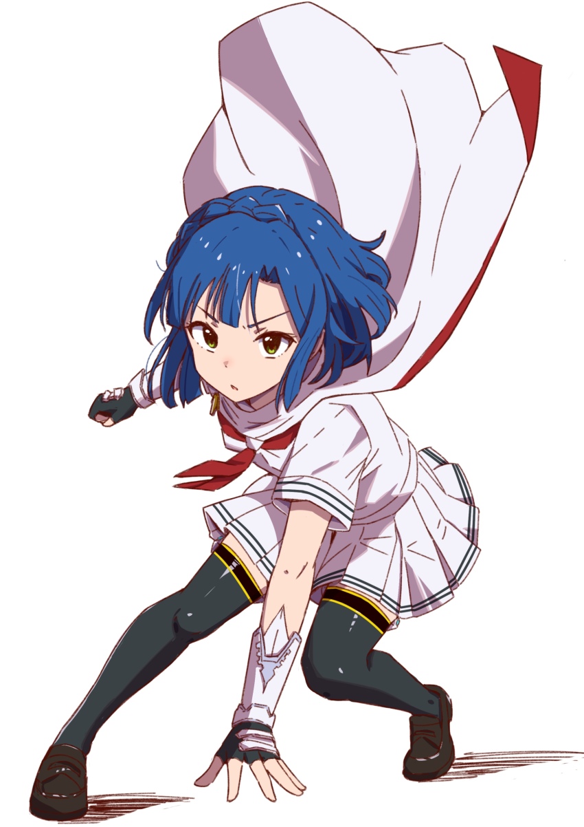 1girl, absurdres, black_thighhighs, blue_hair, braid, capelet, commentary_request, fingerless_gloves, floating_cape, full_body, gloves, highres, idol_heroes_(idolmaster), idolmaster, idolmaster_million_live!, looking_at_viewer, mighty_sailor, nanao_yuriko, neckerchief, niwatorimushi, pleated_skirt, red_neckerchief, school_uniform, serafuku, shirt, shoes, short_sleeves, simple_background, skirt, solo, standing, superhero_landing, thighhighs, white_background, white_capelet, white_serafuku, white_shirt, white_skirt
