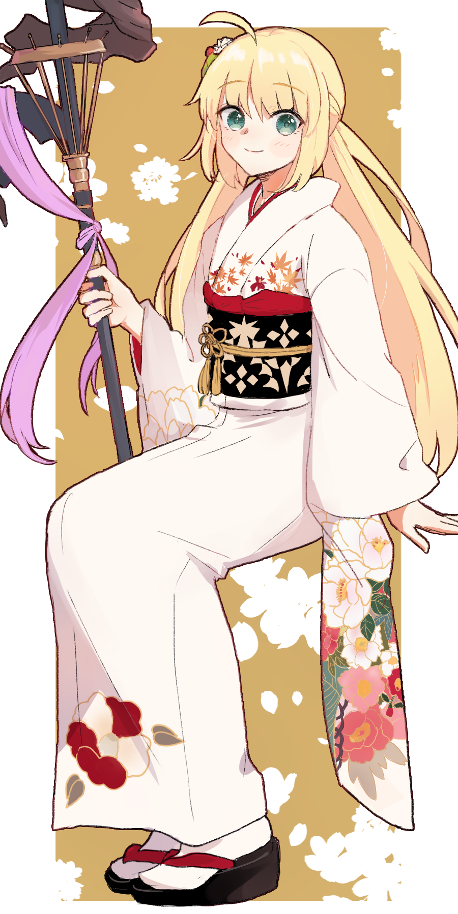 1girl, ahoge, artoria_caster_(fate), artoria_pendragon_(fate), black_sandals, blaulilie110, blonde_hair, commentary_request