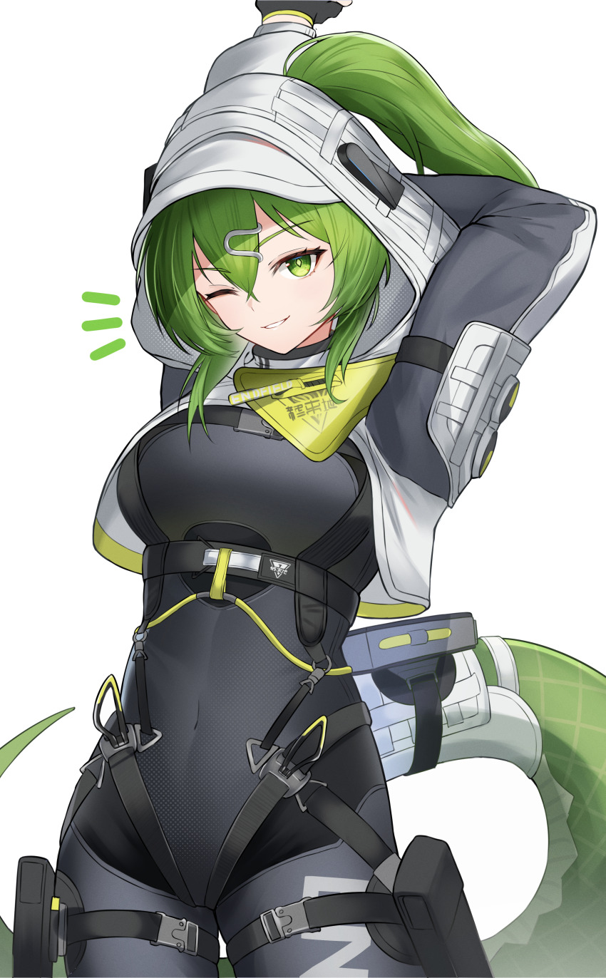 1girl, absurdres, arknights, arknights:_endfield, arms_up, black_bodysuit, bodysuit, breasts, commentary, covered_navel, cowboy_shot, endfield_industries_logo, fluorite_(arknights), green_eyes, green_hair, hair_between_eyes, highres, hood, hood_up, hooded_shrug, k@bu, looking_at_viewer, medium_breasts, notice_lines, one_eye_closed, parted_lips, pouch, shrug_(clothing), simple_background, smile, snake_girl, snake_tail, solo, stretching, tail, thigh_pouch, thigh_strap, white_background, white_shrug