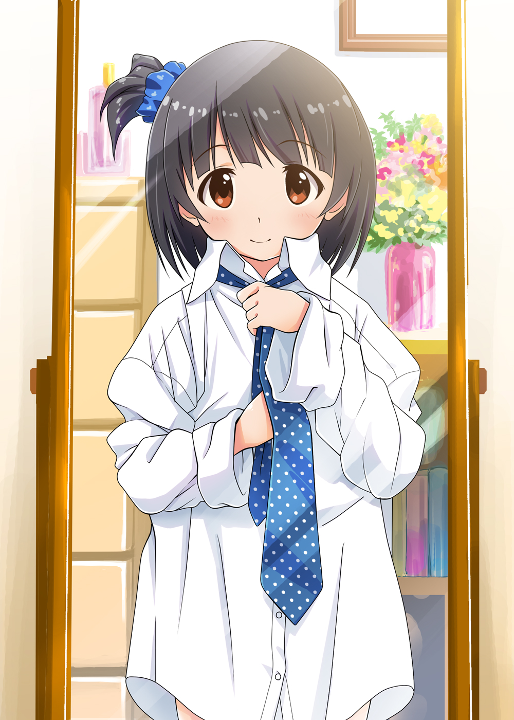 1girl, 920-k, alternate_costume, black_hair, blue_necktie, borrowed_clothes, cowboy_shot, dress_shirt