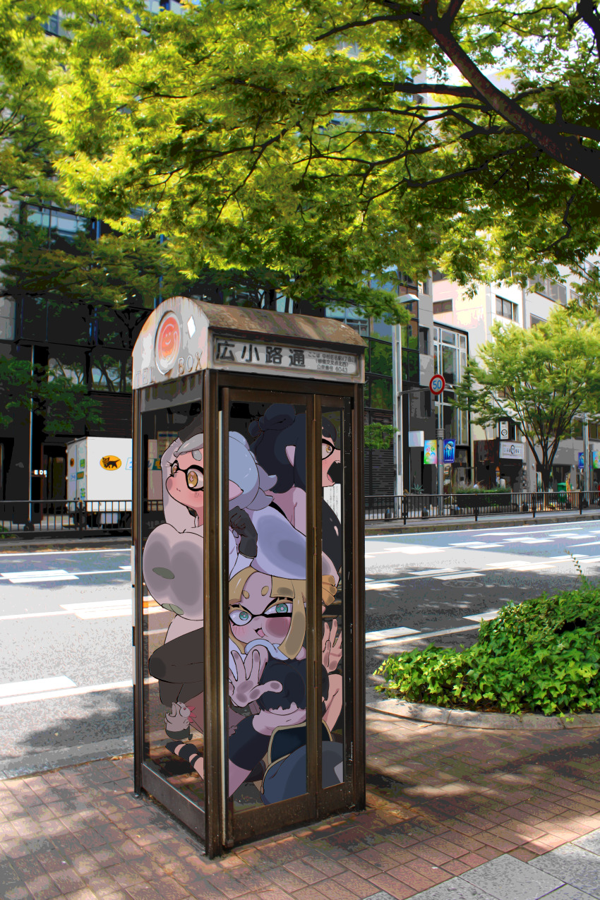 +_+, 3girls, absurdres, against_glass, agent_3_(splatoon_3), black_gloves, black_hair, blonde_hair, blue_eyes, breast_press, breasts, breasts_on_glass, callie_(splatoon), cheek_press, commentary, cramped, glass, gloves, grey_hair, hand_on_glass, highres, inkling, jacket, machiko_machi, marie_(splatoon), multiple_girls, nintendo, phone_booth, photo_background, road, salmonid, shirt, smallfry_(splatoon), splatoon_(series), splatoon_3, street, stuck, tentacle_hair, torn_clothes, torn_shirt, trapped, white_jacket, yellow_eyes