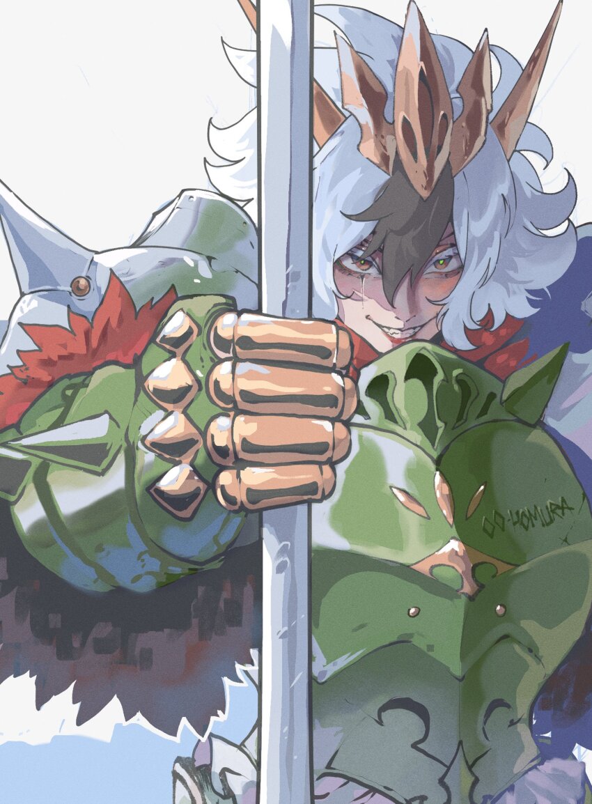 1girl, almonde_jagger_(nyantcha), armor, brown_hair, chesnaught, colored_bangs, commentary, english_commentary, english_text, gen_6_pokemon, grin, highres, humanization, looking_at_viewer, mega_chesnaught, multicolored_hair, nintendo, nyantcha, original, pokemon, pokemon_legends:_z-a, polearm, project_life_(nyantcha), simple_background, smile, two-tone_hair, weapon, white_background, white_hair