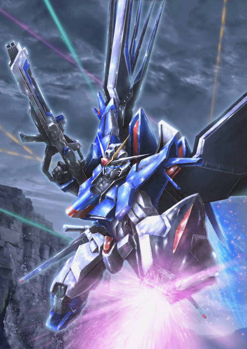 beam_rifle, blue_eyes, commentary_request, energy_gun, glowing, glowing_eyes, gun, gundam